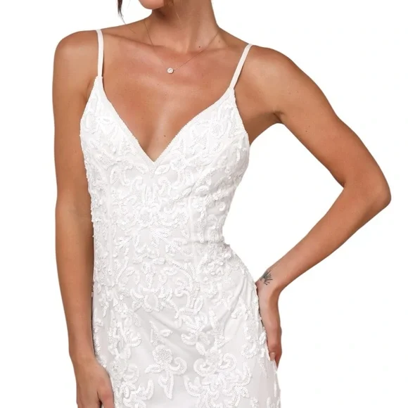 Lulus Everlasting Passion White Sequin Beaded Backless Maxi Dress